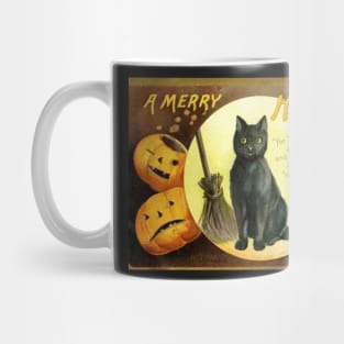 Victorian Halloween Black Cat with Pumpkins Greetings Mug